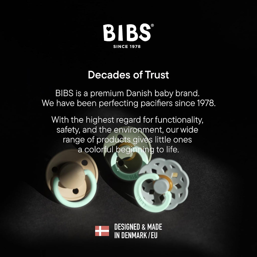 BIBS Pacifiers 0-6 Months | 2-Pack Soothers | Symmetrical Nipple | BPA-Free Natural Rubber | Made in Denmark | Blush Glow/Vanilla Glow Colour Pacifier