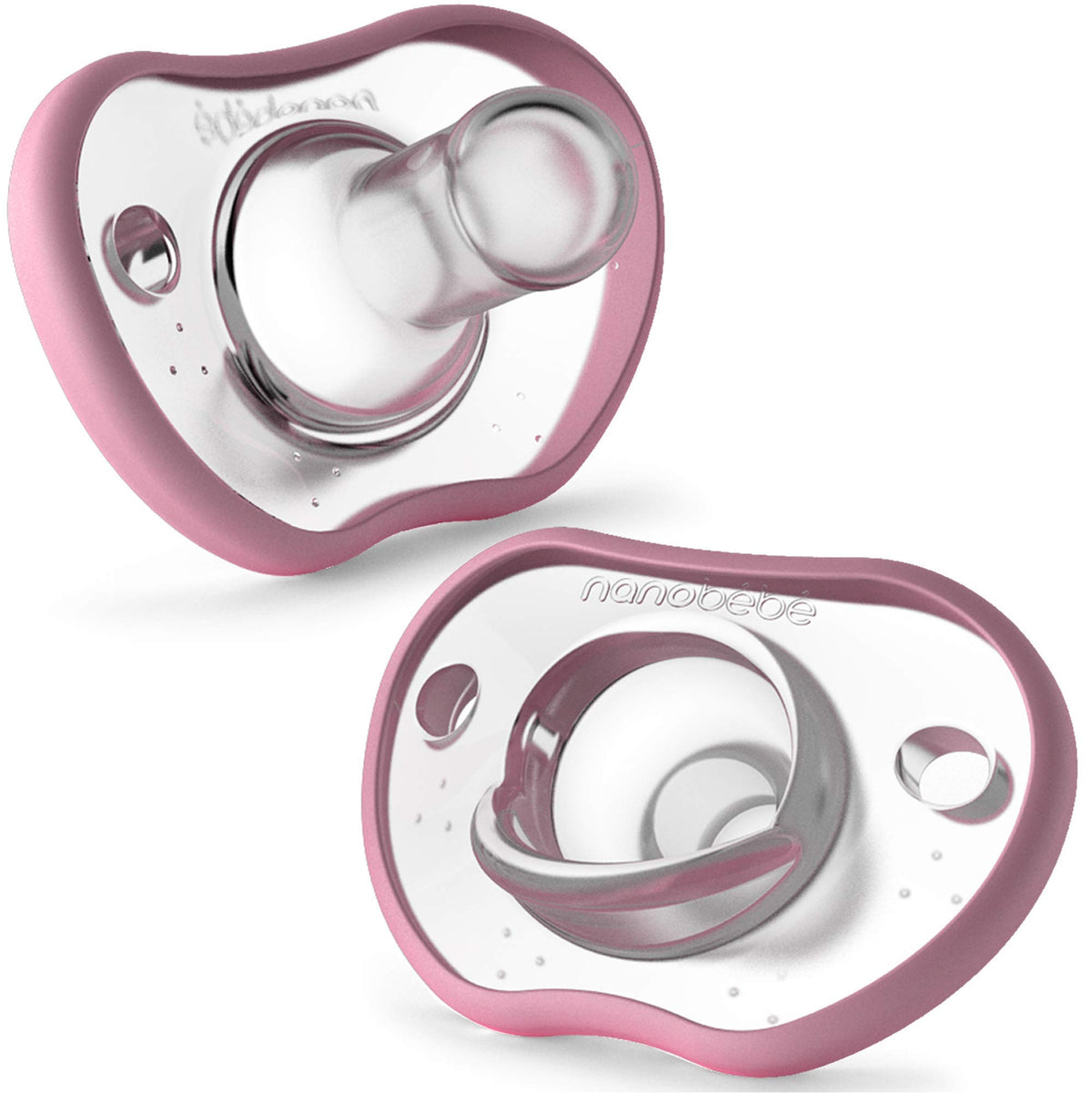 Nanobebe Baby Pacifiers 0-3 Month - Orthodontic, Curves Comfortably with Face Contour, Award Winning for Breastfeeding Babies, 100% Silicone, Baby Registry Gift 4pk,Pink/Grey