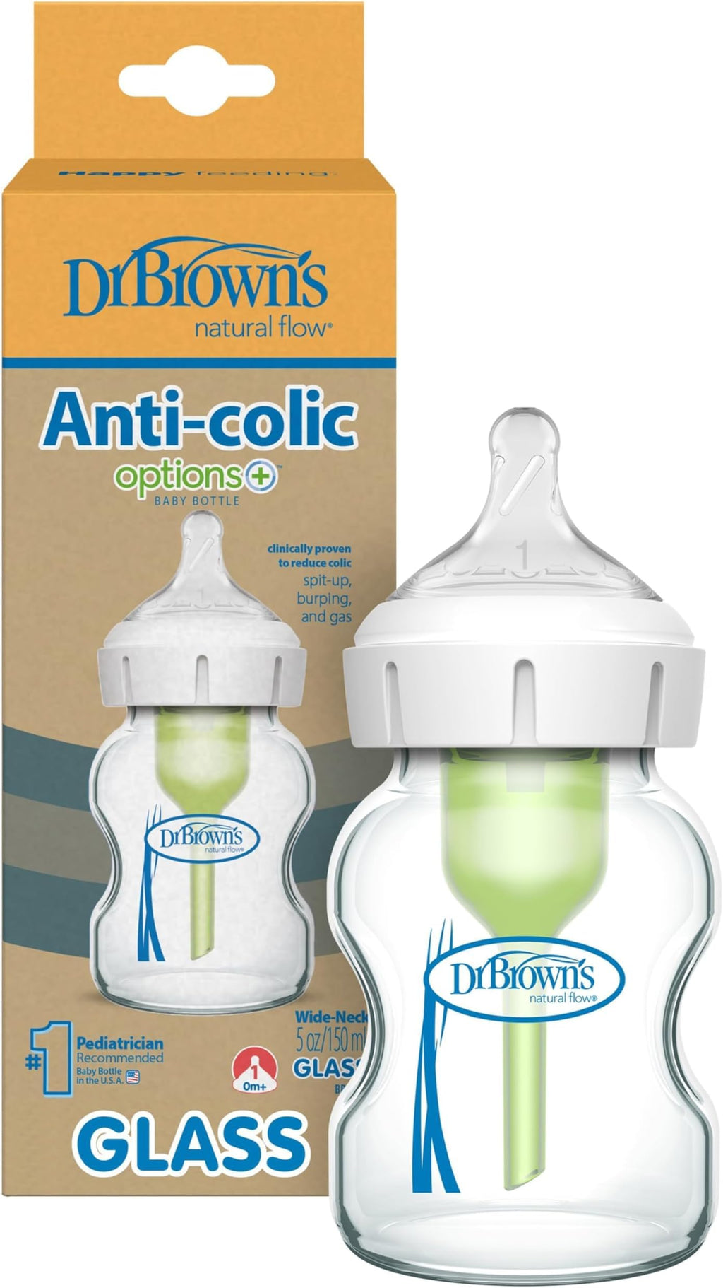Dr. Brown's Anti-Colic Options+ Wide-Neck Glass Baby Bottle, 5 oz, 3-Pack