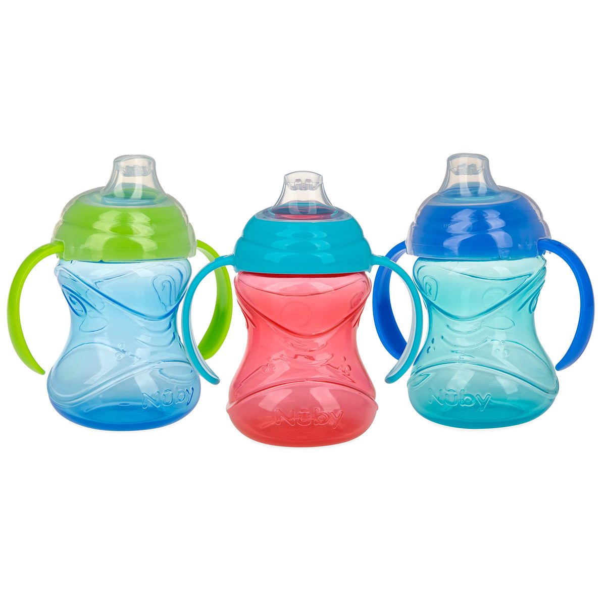 Nuby Clik-It Grip N' Sip Soft Spout No-Spill Training Sippy Cup with Handles - (3-Pack) 10 oz - 4+ Months - Aqua/Purple/Pink