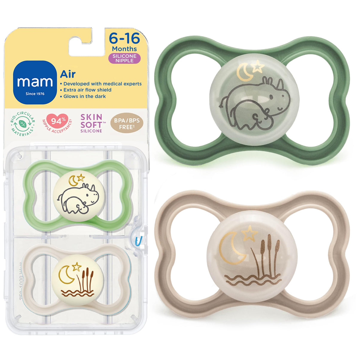 MAM Air Pacifier 6-16 Months, Extra Air Flow for Sensitive Skin, 4 Pack