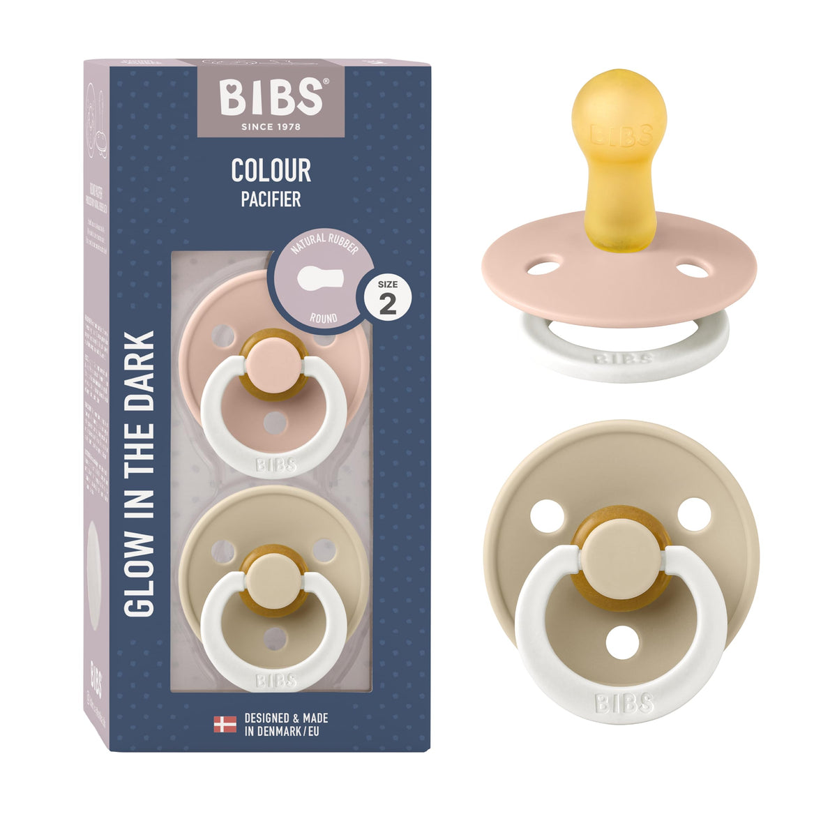 BIBS Pacifiers Colour Collection | Natural Rubber Baby Pacifier | Set of 2 BPA-Free Soothers | Made in Denmark | 0+ Months (Pack of 2) | Blush/Ivory