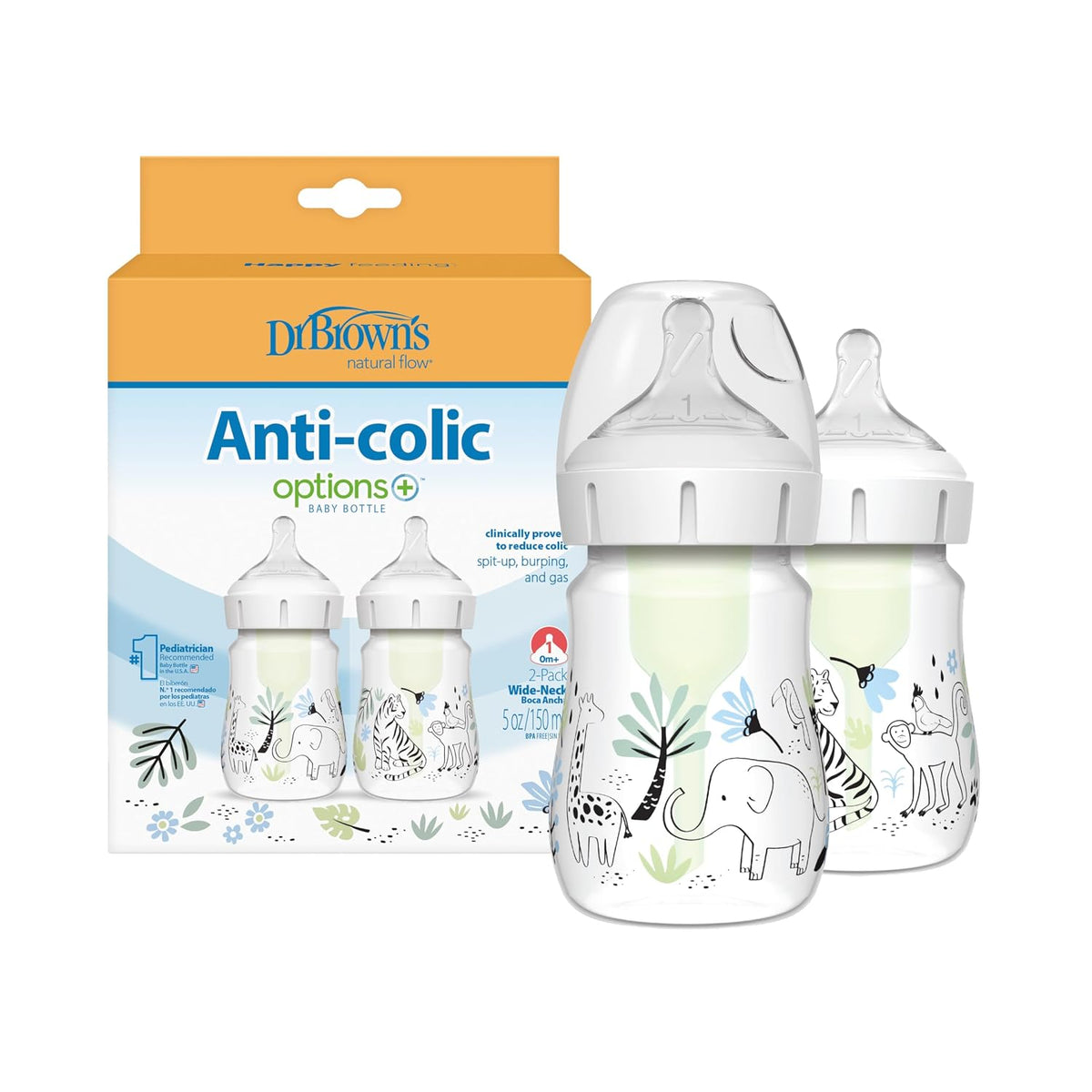 Dr. Brown's Anti-Colic Options+ Wide-Neck Baby Bottles, Jungle, 2-Pack