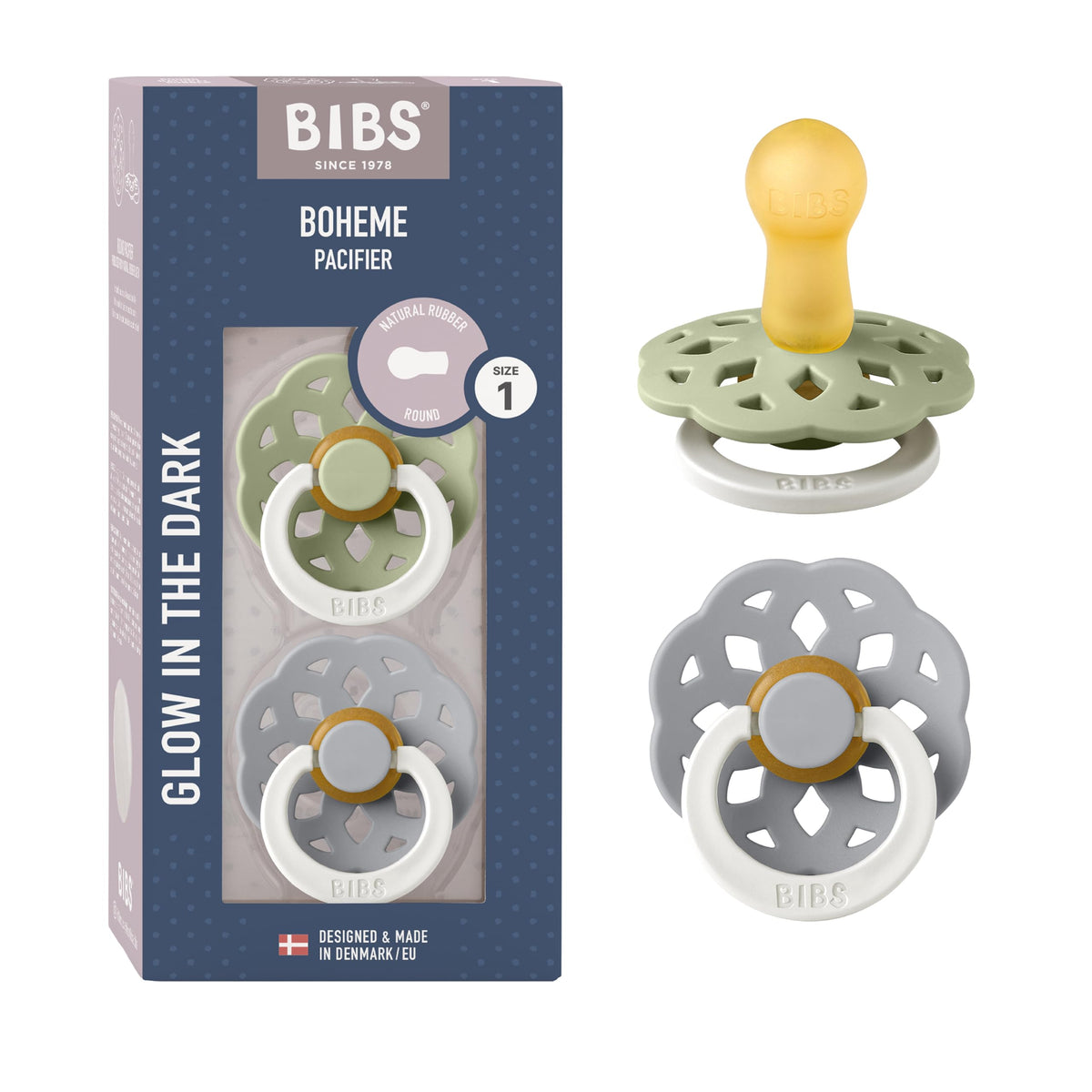 BIBS Pacifiers 6-18 Months | Boheme Collection 2-Pack | BPA-Free Round Nipple | Made in Denmark | Dusty Pink/Elderberry Color Pacifier