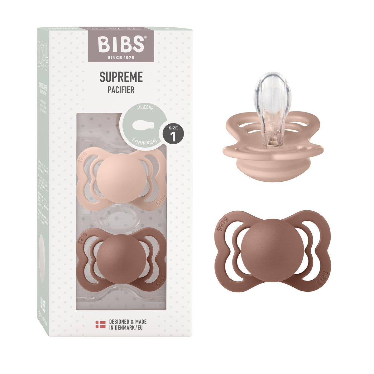 BIBS Pacifiers - Supreme Collection | Symmetrical Nipple | Silicone | Made in Denmark | Set of 2 Ivory/Sage Color Premium Soothers | Size 6-18 Months