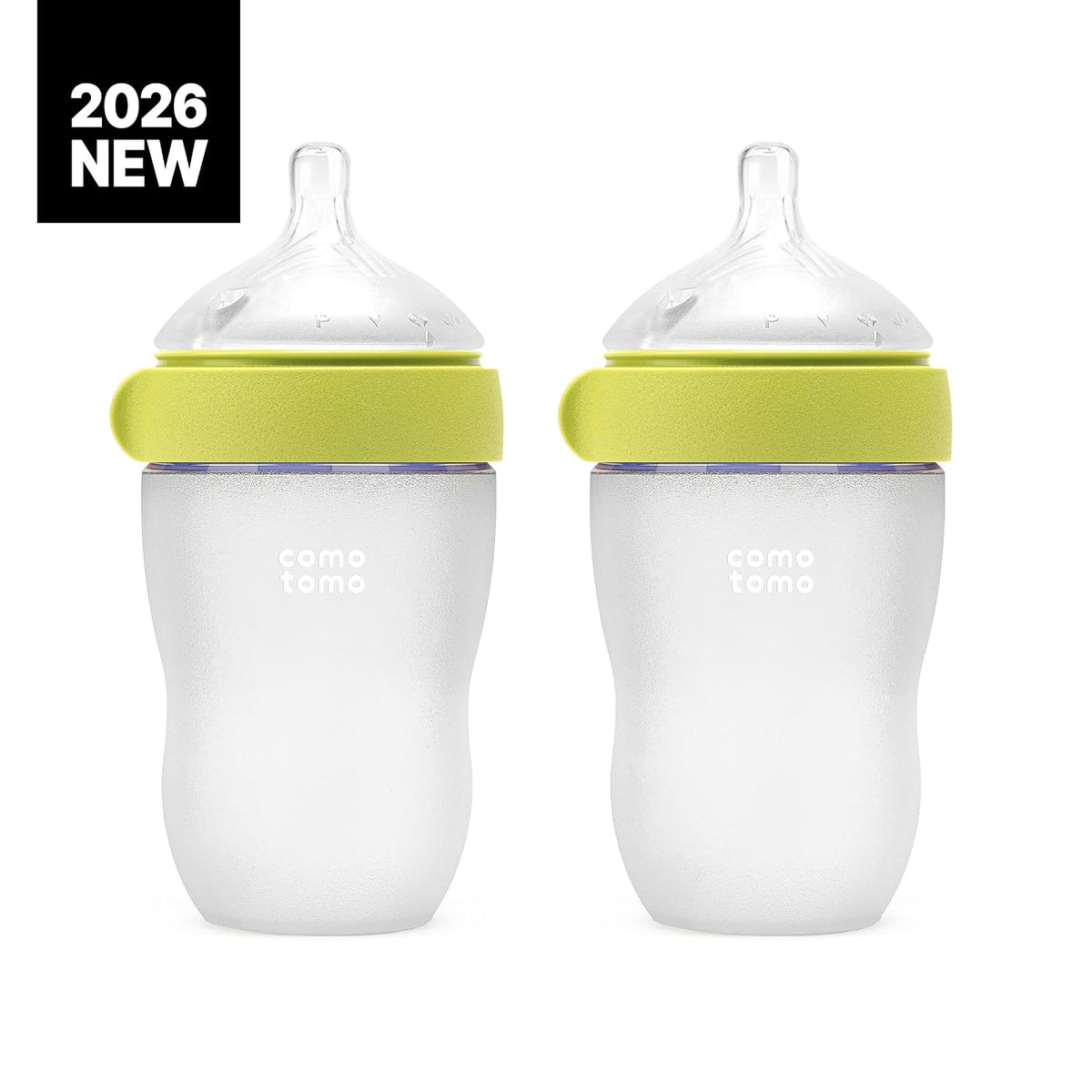 Comotomo Silicone Baby Bottle Gen 2 – 2026 Release (8oz) – Soft, Wide-Neck Bottle for Comfortable Feeding with Dual Anti Colic Vents (Includes Medium Flow Nipples), Green (Double Pack)
