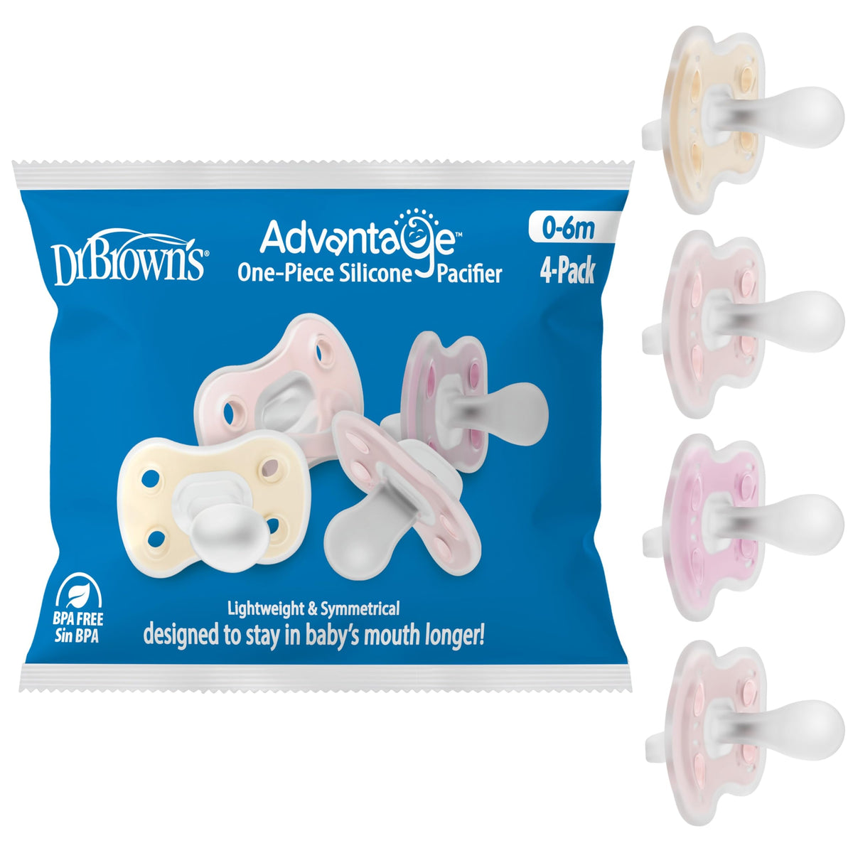 Dr. Brown's Advantage One-Piece Pacifier 0-6m, Blue/Gray/Light-Blue, 4-Pack