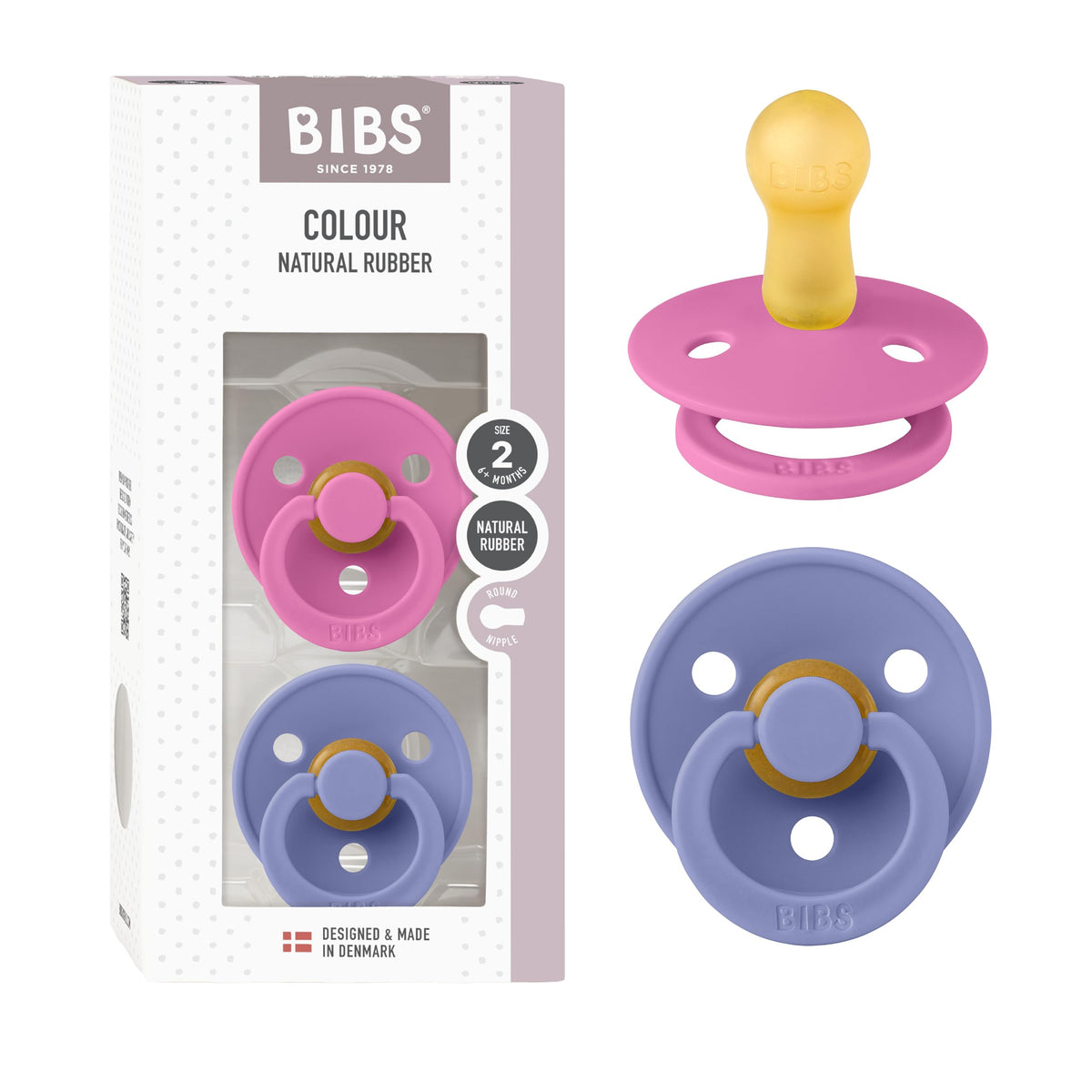 BIBS Pacifiers Colour Collection | Natural Rubber Baby Pacifier | Set of 2 BPA-Free Soothers | Made in Denmark | 0+ Months (Pack of 2) | Blush/Ivory