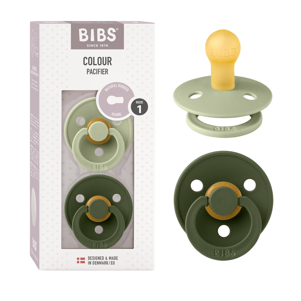 BIBS Pacifiers Colour Collection | Natural Rubber Baby Pacifier | Round Nipple | Set of 2 BPA-Free Soothers | Made in Denmark | 0+ Months (Pack of 2) | Sage/Ivory