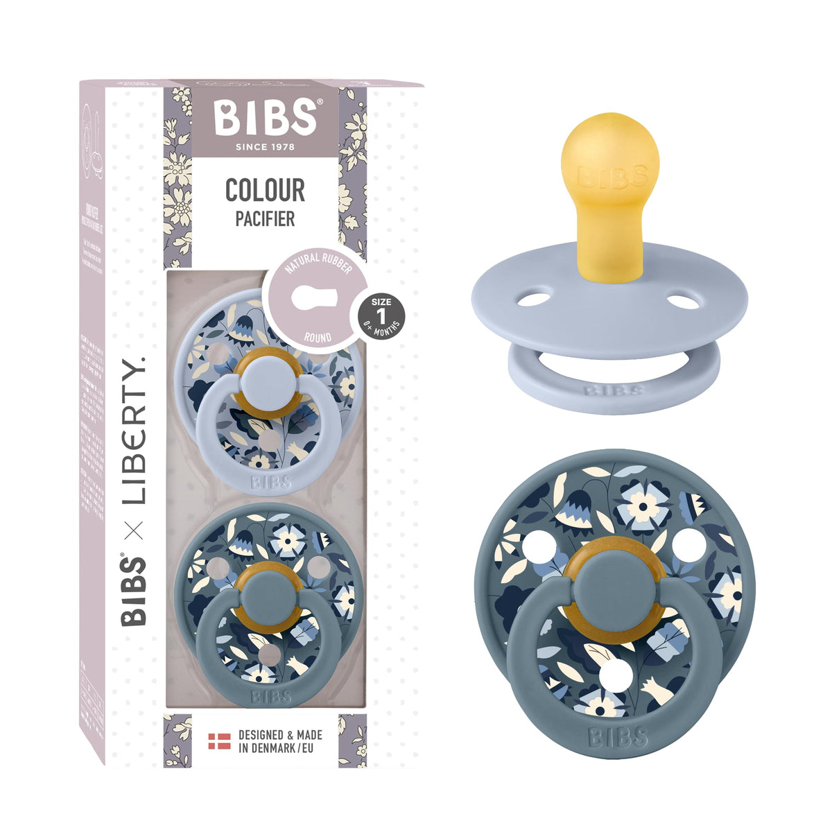 BIBS x Liberty Colour Pacifier, 0-6 Months, 2-Pack, Round, Capel Dusty Blue