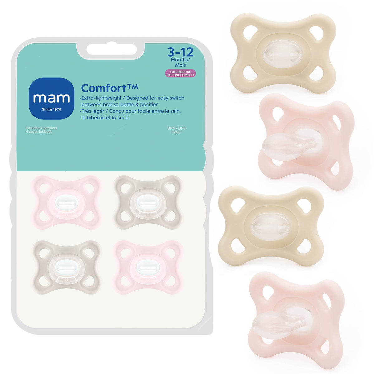 MAM Comfort Baby Pacifier 3-12 Mths Lightweight One-Piece Silicone 4 Pack