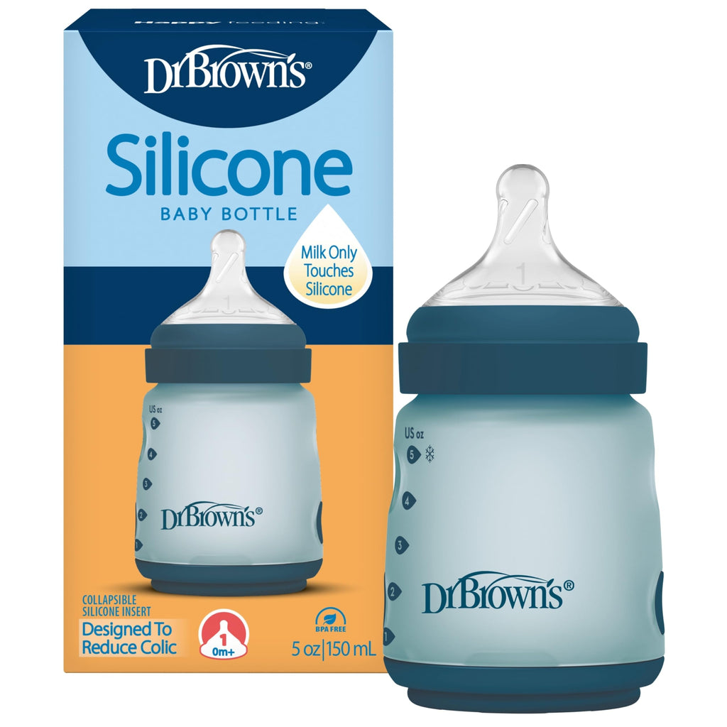 Dr. Brown's Silicone Baby Bottle, 5 oz, Level 1 Nipple, 0m+, Blue, 4-Pack