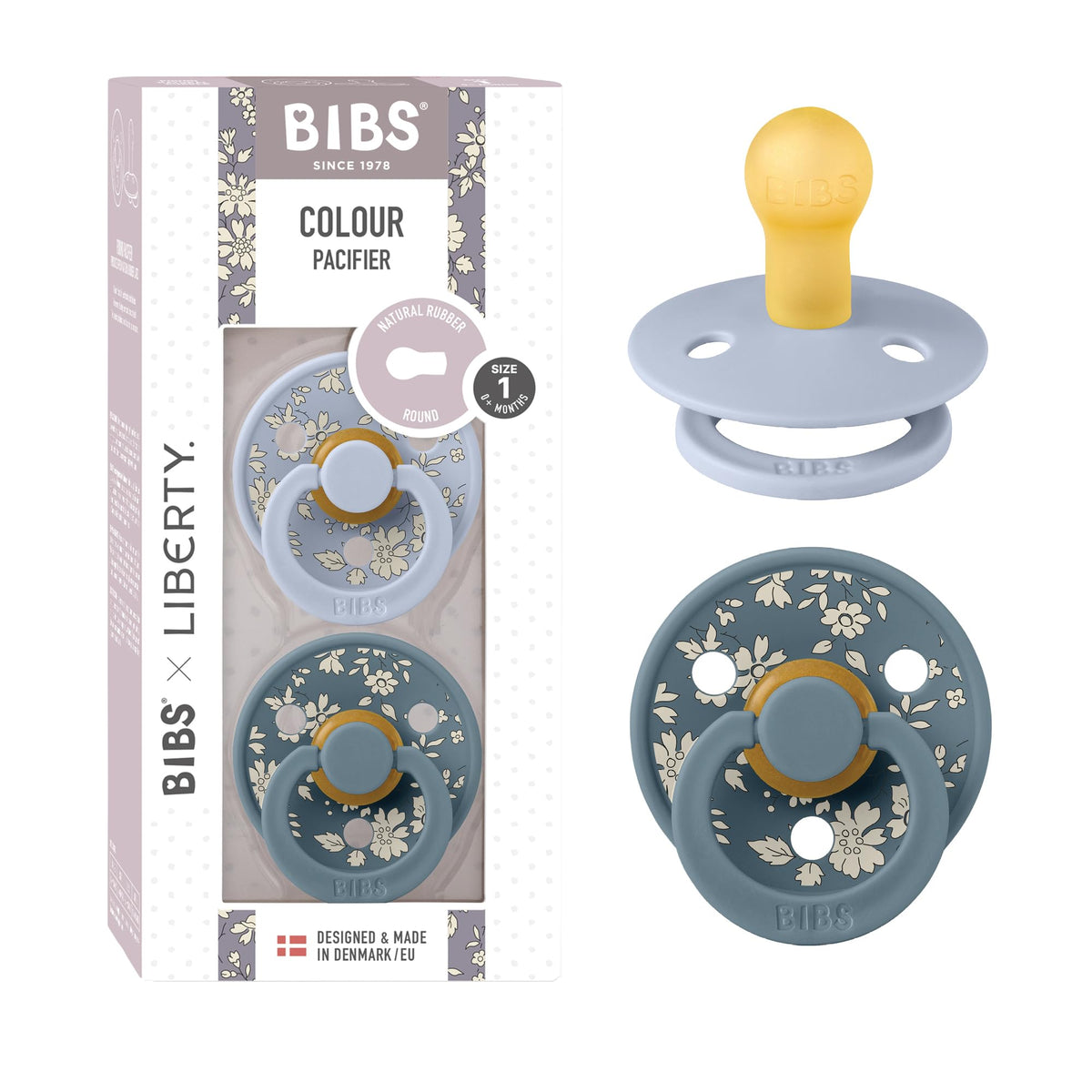 BIBS x Liberty Colour Pacifier, 0-6 Months, 2-Pack, Round, Capel Dusty Blue