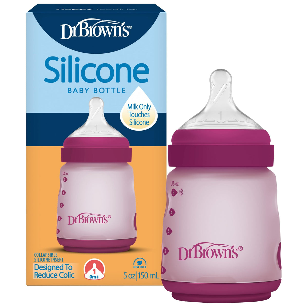 Dr. Brown's Silicone Baby Bottle, 5 oz, Level 1 Nipple, 0m+, Blue, 4-Pack