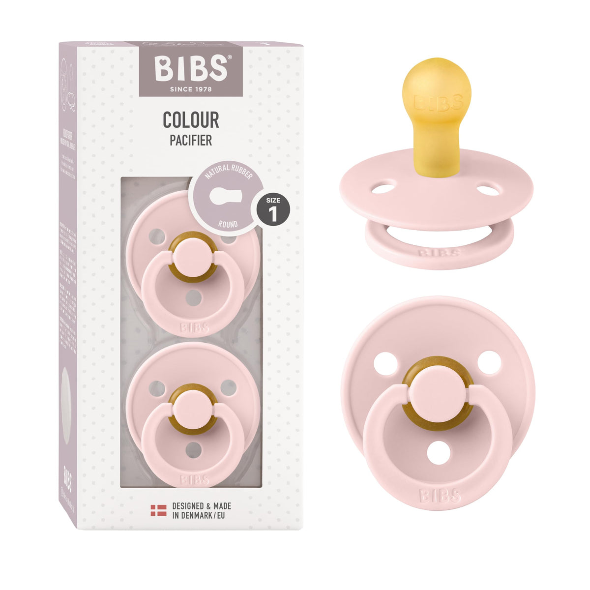 BIBS Pacifiers Colour Collection | Natural Rubber Baby Pacifier | Set of 2 BPA-Free Soothers | Made in Denmark | 0+ Months (Pack of 2) | Blush/Ivory