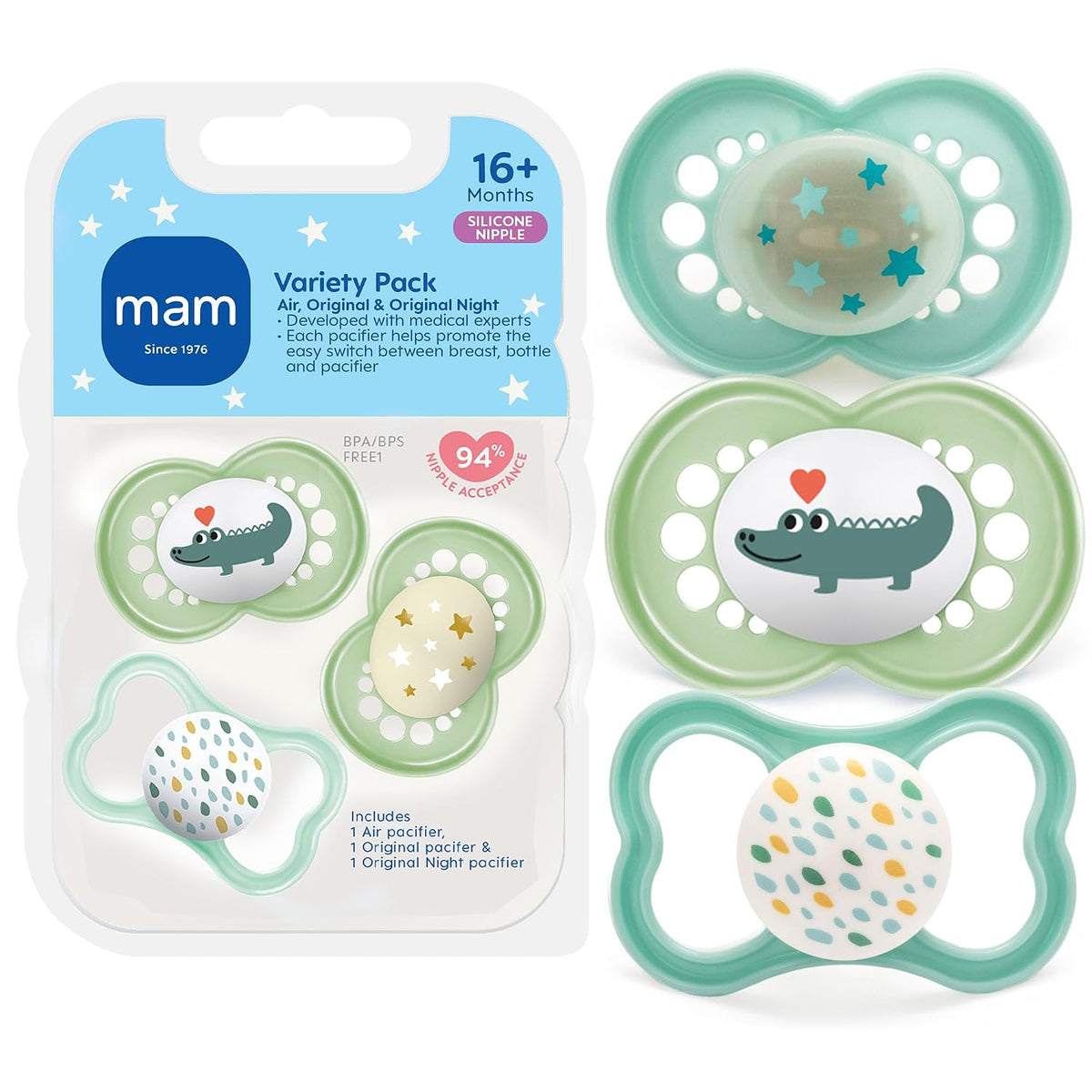 MAM Pacifier 16+ Months Variety Pack, BPA-Free, Silicone Nipple, 3 Pack