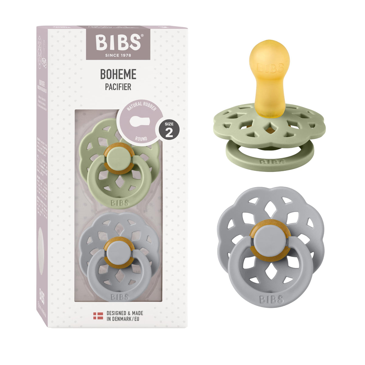 BIBS Pacifiers 6-18 Months | Boheme Collection 2-Pack | BPA-Free Round Nipple | Made in Denmark | Dusty Pink/Elderberry Color Pacifier
