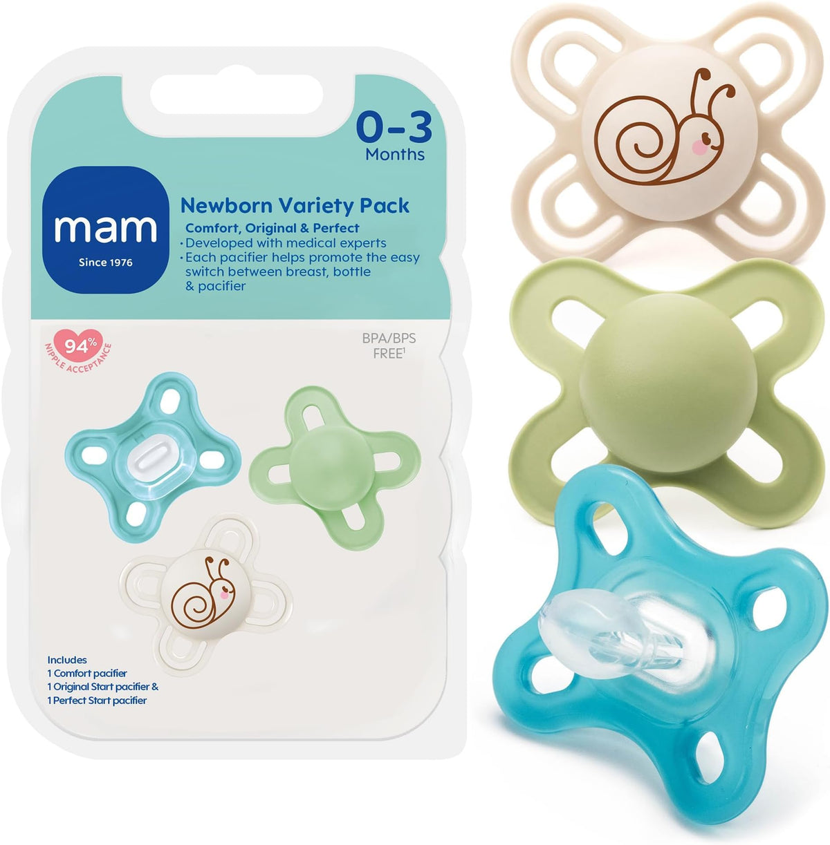 MAM Pacifier 0-6 Months Variety Pack, BPA-Free, Silicone Nipple, 3 Pack