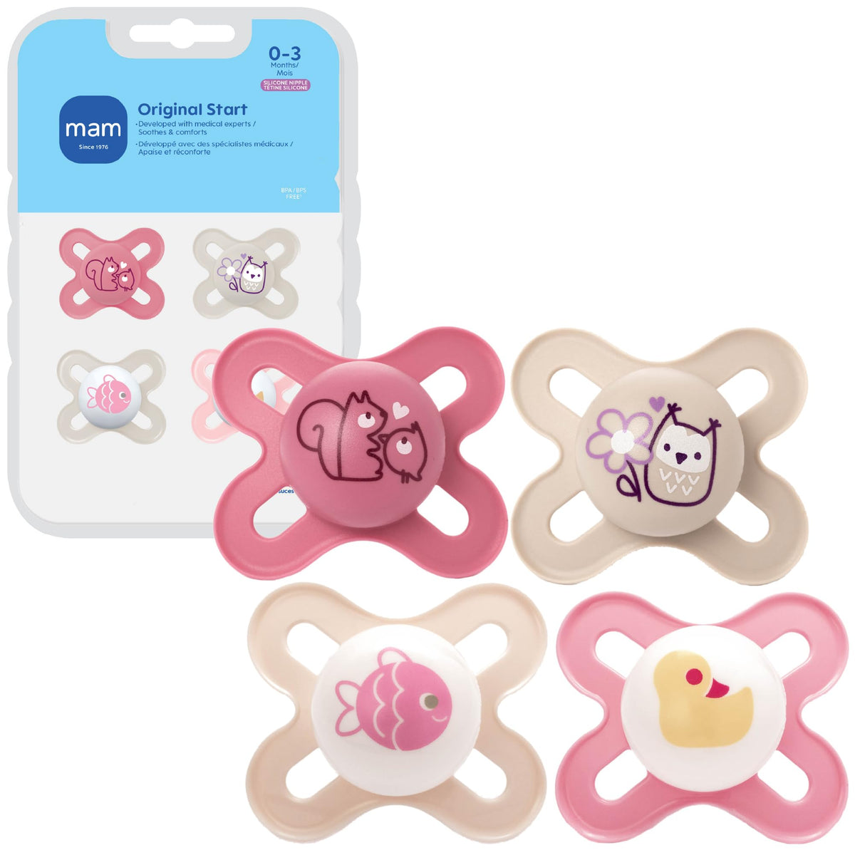 MAM Original Start Baby Pacifiers 0-3 Mths Skin Soft Silicone, 4 Pack