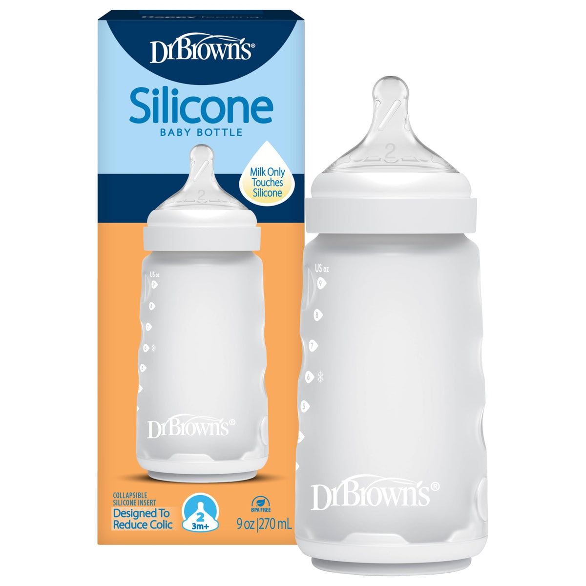 Dr. Brown's Silicone Baby Bottle, 9 oz, Level 2 Nipple, 3m+, White, 4-Pack