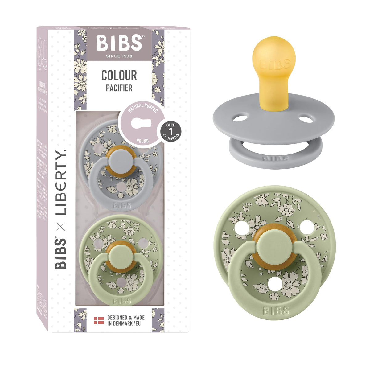 BIBS x Liberty Colour Pacifier, 0-6 Months, 2-Pack, Round, Capel Dusty Blue