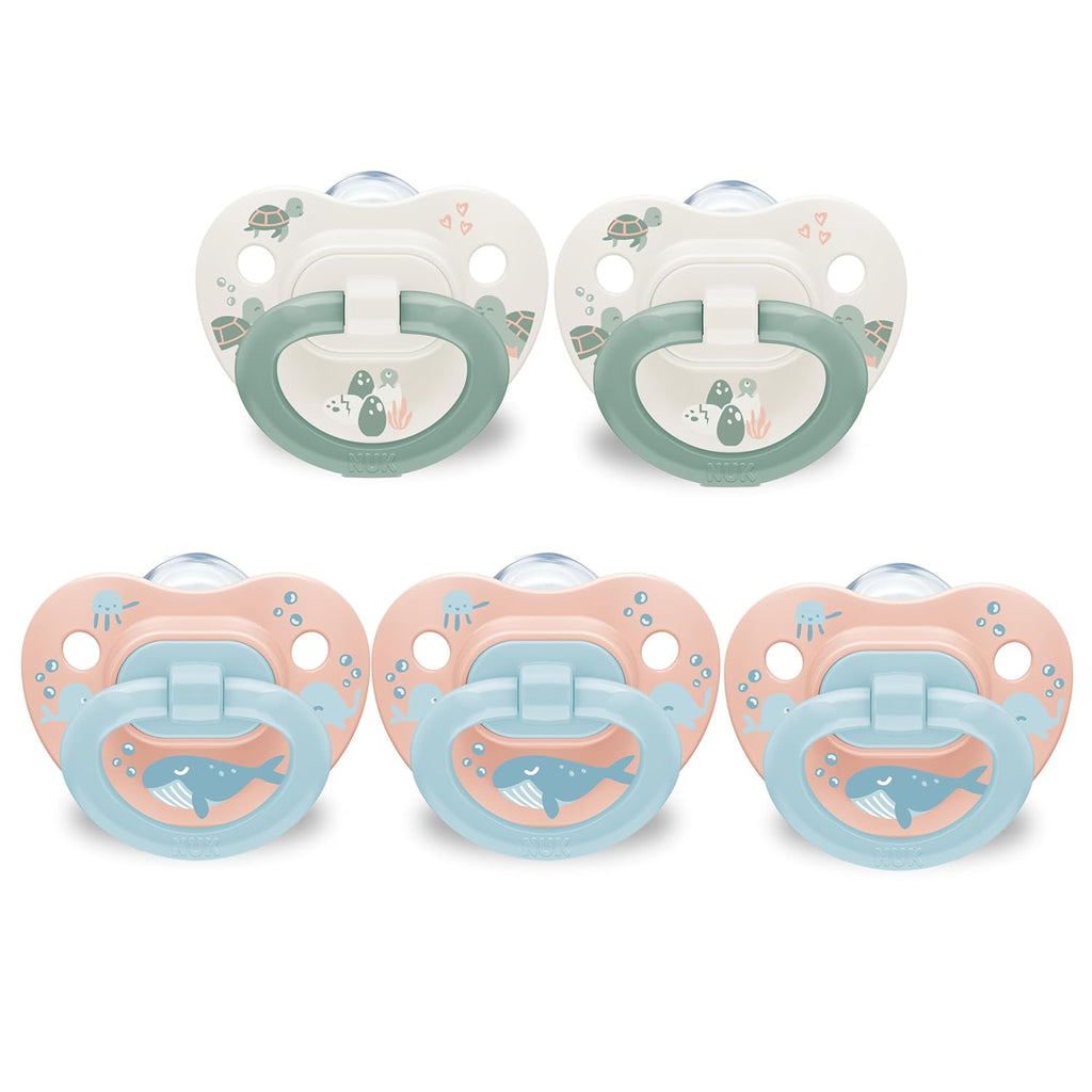 NUK First Choice Classic Orthodontic Baby Pacifier, 18-36 Months Toddler Pacifier, Blue & Orange, Baby Must Haves, 5-Pack
