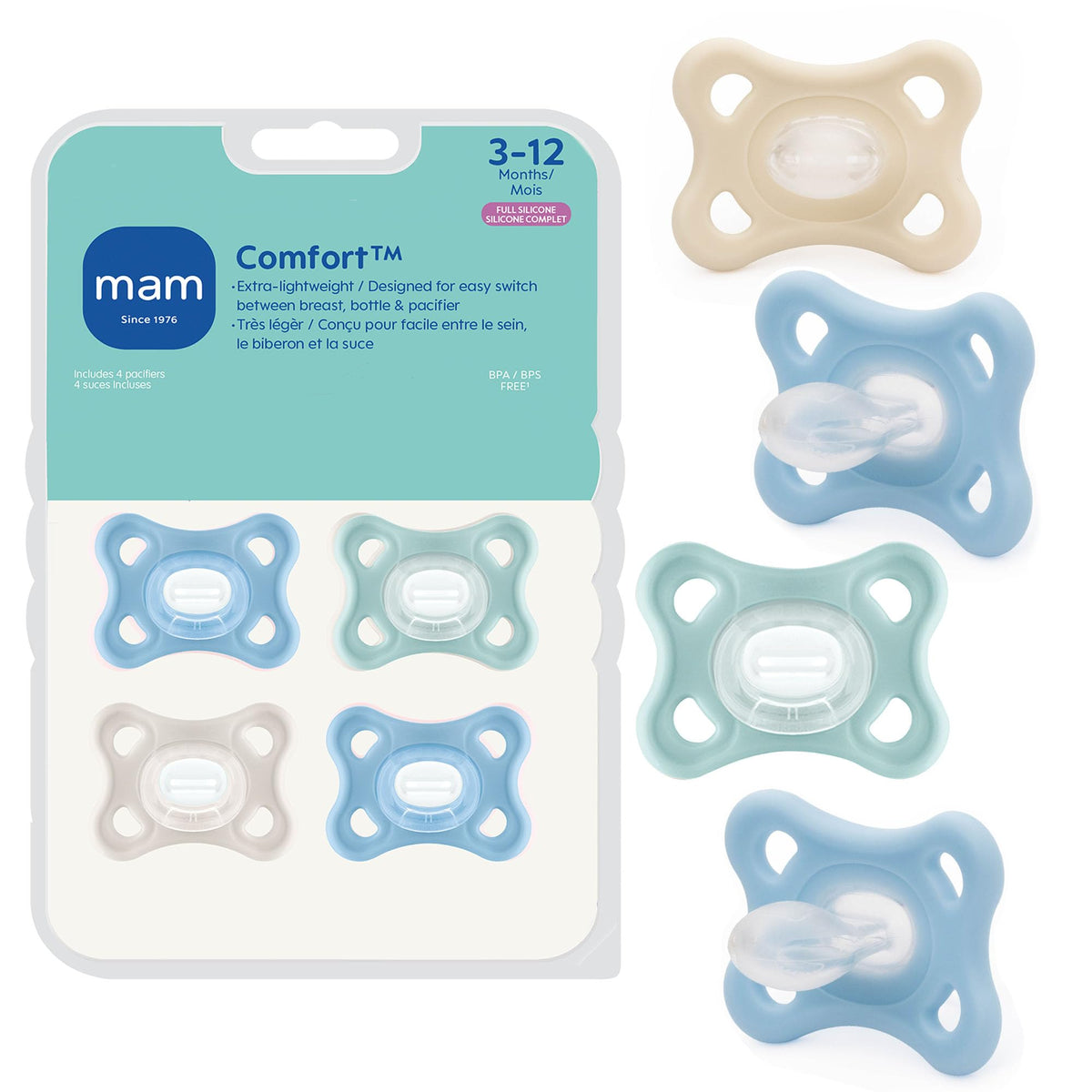 MAM Comfort Baby Pacifier 3-12 Mths Lightweight One-Piece Silicone 4 Pack