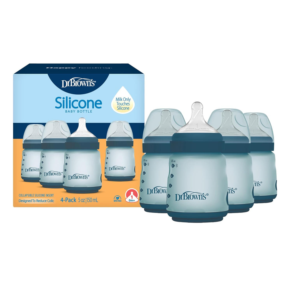 Dr. Brown's Silicone Baby Bottle, 5 oz, Level 1 Nipple, 0m+, Blue, 4-Pack