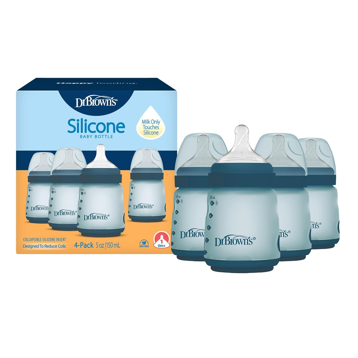 Dr. Brown's Silicone Baby Bottle, 5 oz, Level 1 Nipple, 0m+, Blue, 4-Pack