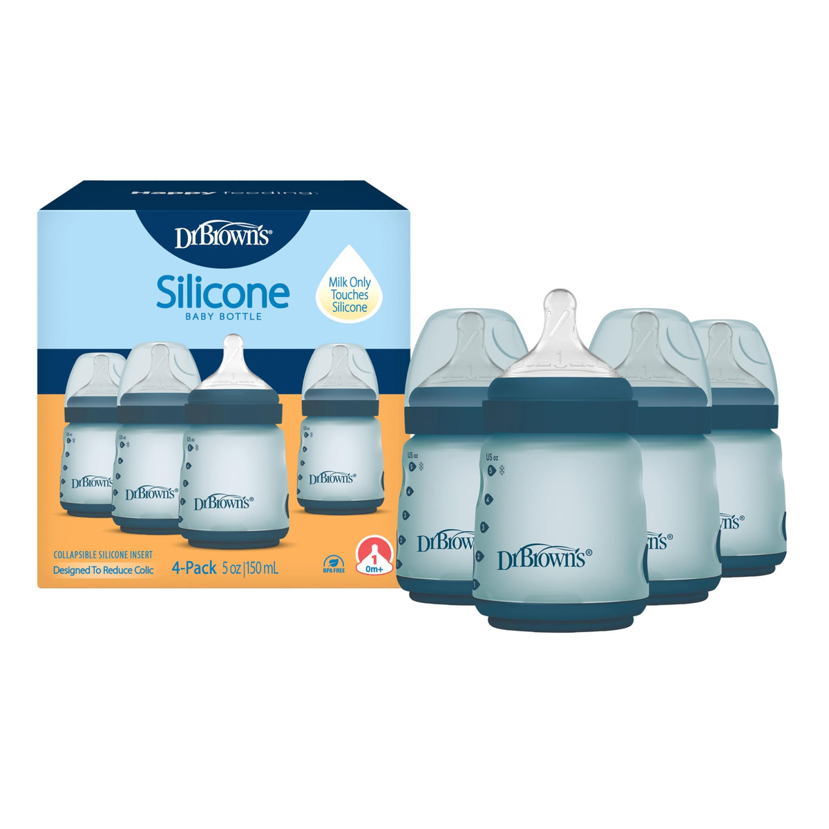Dr. Brown's Silicone Baby Bottle, 5 oz, Level 1 Nipple, 0m+, Blue, 4-Pack