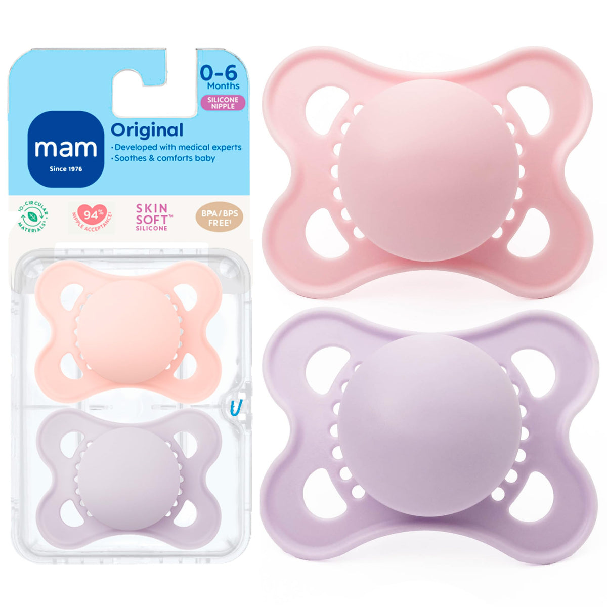MAM Original Baby Pacifier 0-6 Mths, Skin Soft Silicone Nipple, 4 Pack