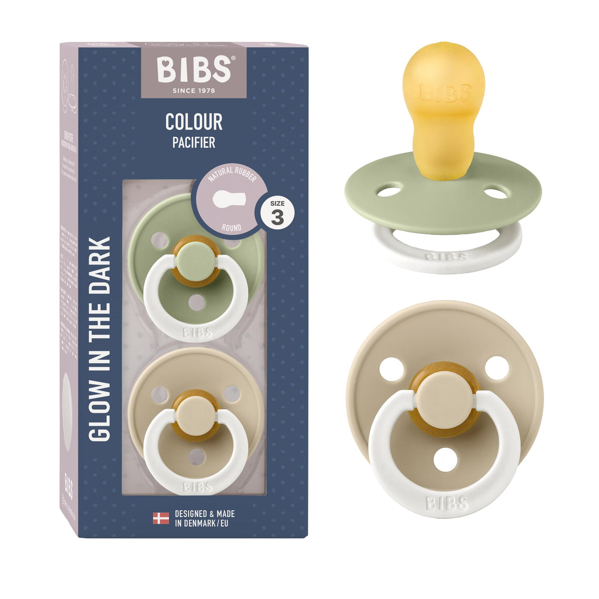 BIBS Pacifiers 0-6 Months | 2-Pack Soothers | Symmetrical Nipple | BPA-Free Natural Rubber | Made in Denmark | Blush Glow/Vanilla Glow Colour Pacifier