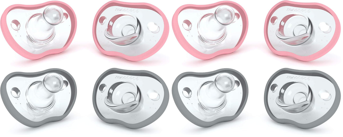 Nanobebe Baby Pacifiers 0-3 Month - Orthodontic, Curves Comfortably with Face Contour, Award Winning for Breastfeeding Babies, 100% Silicone, Baby Registry Gift 4pk,Pink/Grey