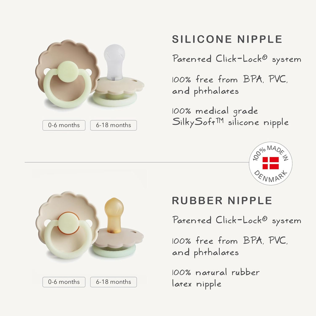 FRIGG Daisy Night Natural Rubber Baby Pacifier | Made in Denmark | BPA-Free (Blush/Cream, 6-18 Months) 2-Pack
