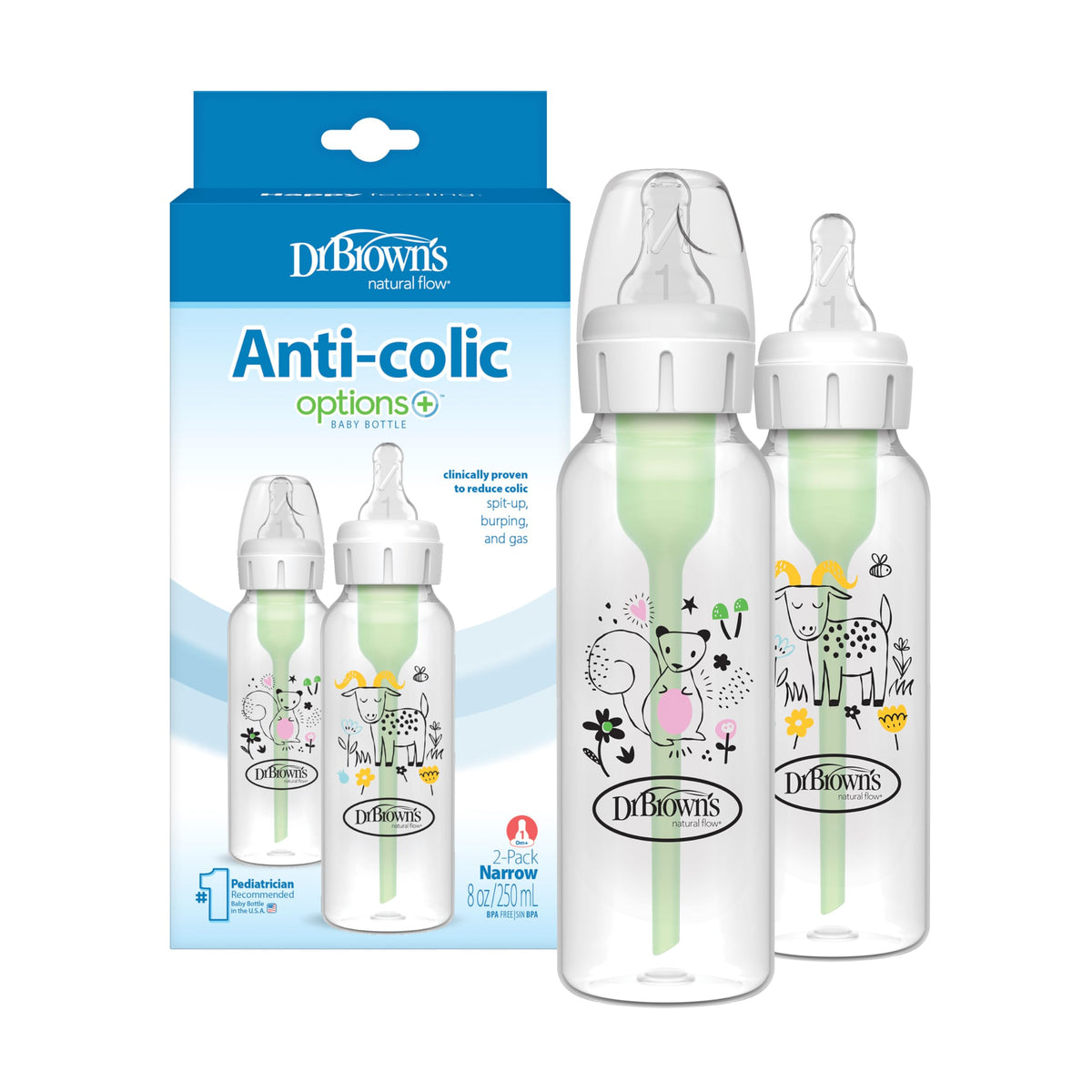 Dr. Brown's Anti-Colic Options+ Narrow Baby Bottle, Goat & Squirrel, 2-Pack