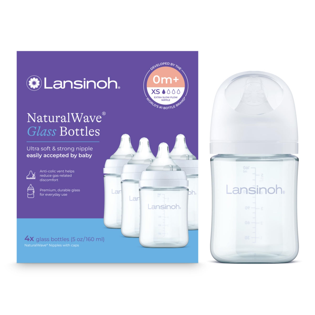 Lansinoh Anti-Colic Glass Baby Bottles, Purple Collar, 5 Ounces, 4 Count