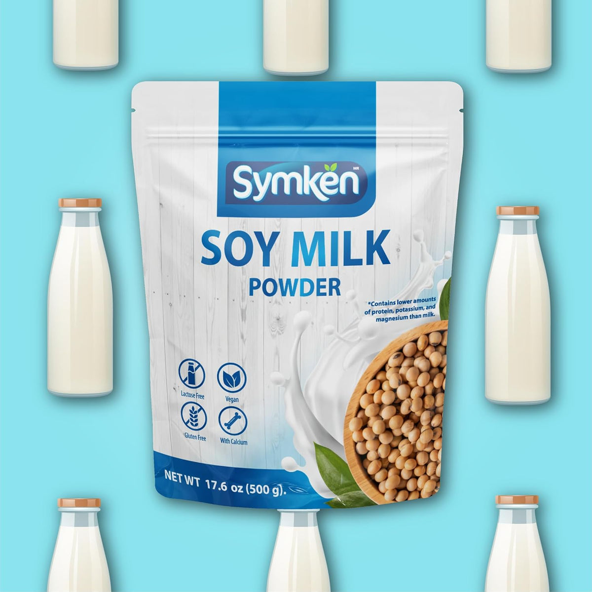 SYMKEN Sugar-free Soy Milk Powder 17.6 Oz (500g) | Vegan | High in Protein | Gluten free | Lactose free | Non-GMO | Plant-based | Non-Dairy | Added with Vitamins, Minerals, and Antioxidants