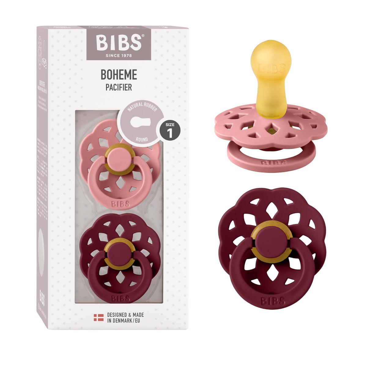 BIBS Pacifiers 6-18 Months | Boheme Collection 2-Pack | BPA-Free Round Nipple | Made in Denmark | Dusty Pink/Elderberry Color Pacifier