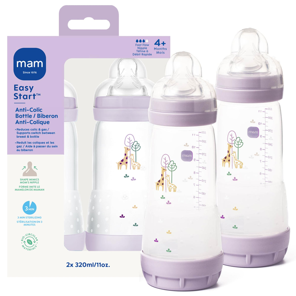 MAM 11oz Easy Start Anti-Colic+ Vented Baby Bottle, 4+ Months, 2 Pk, Unisex