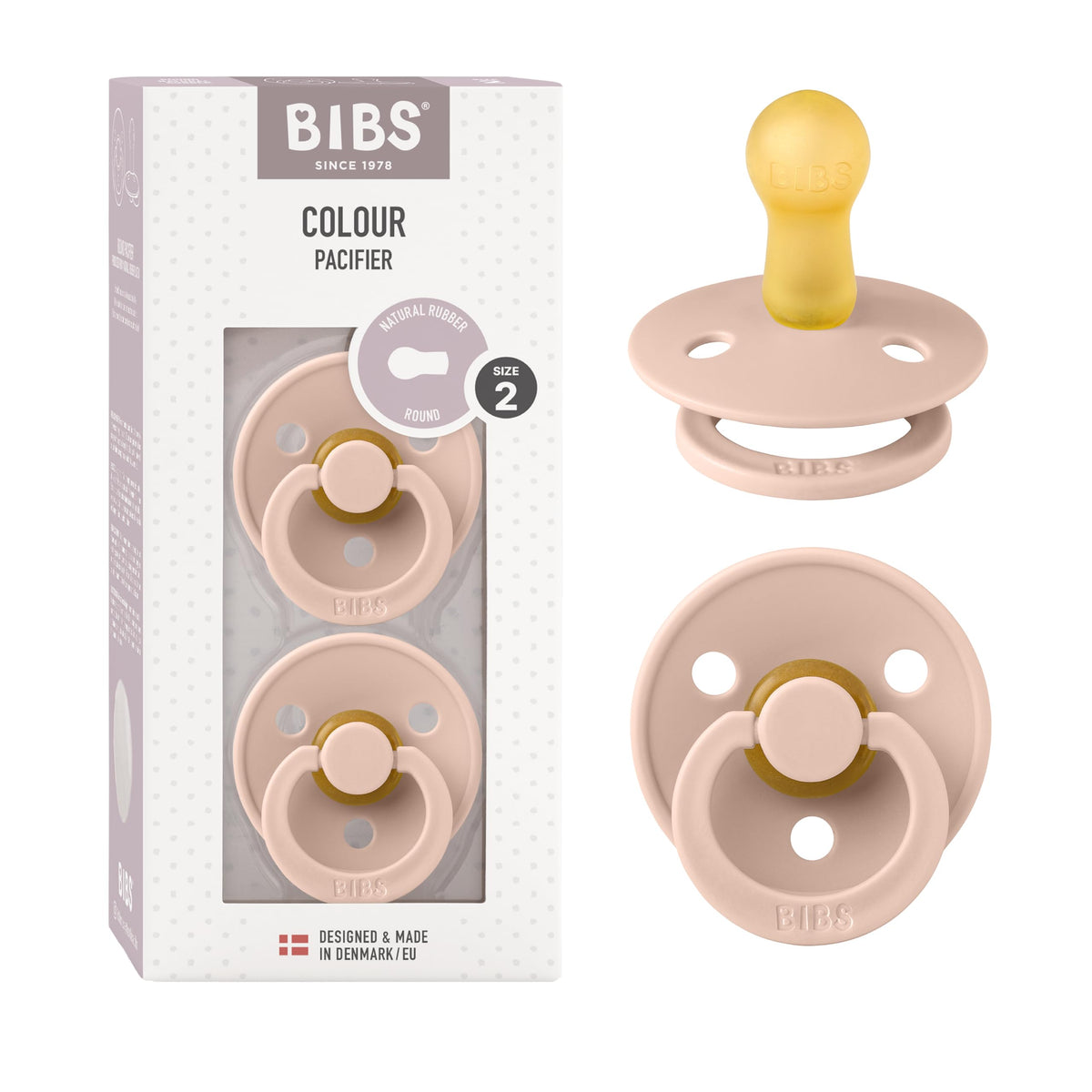 BIBS Pacifiers Colour Collection | Natural Rubber Baby Pacifier | Set of 2 BPA-Free Soothers | Made in Denmark | 0+ Months (Pack of 2) | Blush/Ivory