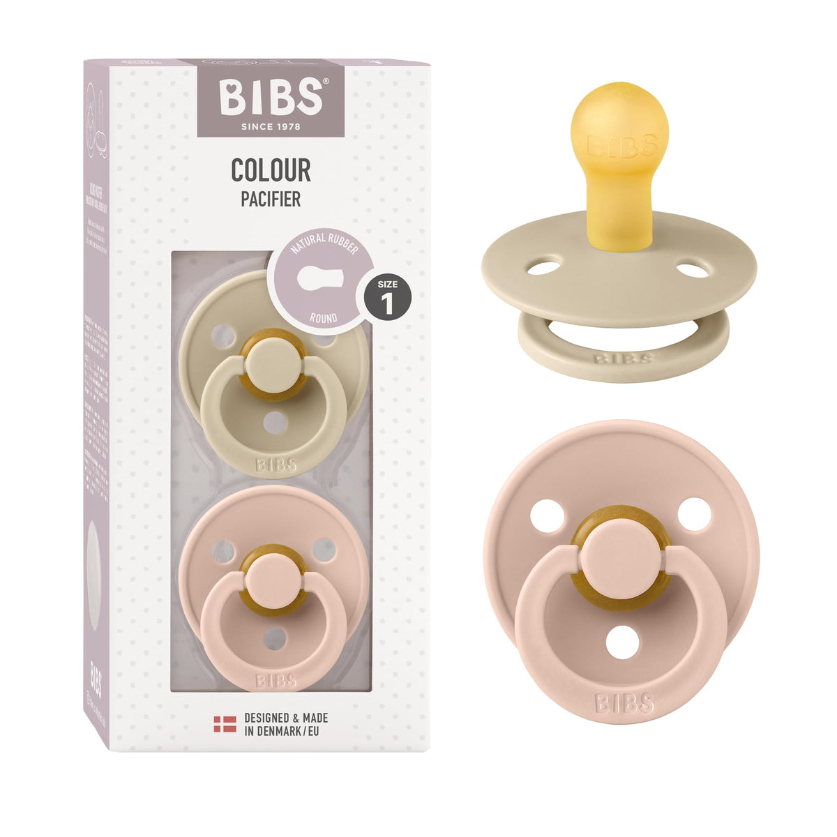 BIBS Pacifiers Colour Collection | Natural Rubber Baby Pacifier | Set of 2 BPA-Free Soothers | Made in Denmark | 0+ Months (Pack of 2) | Blush/Ivory