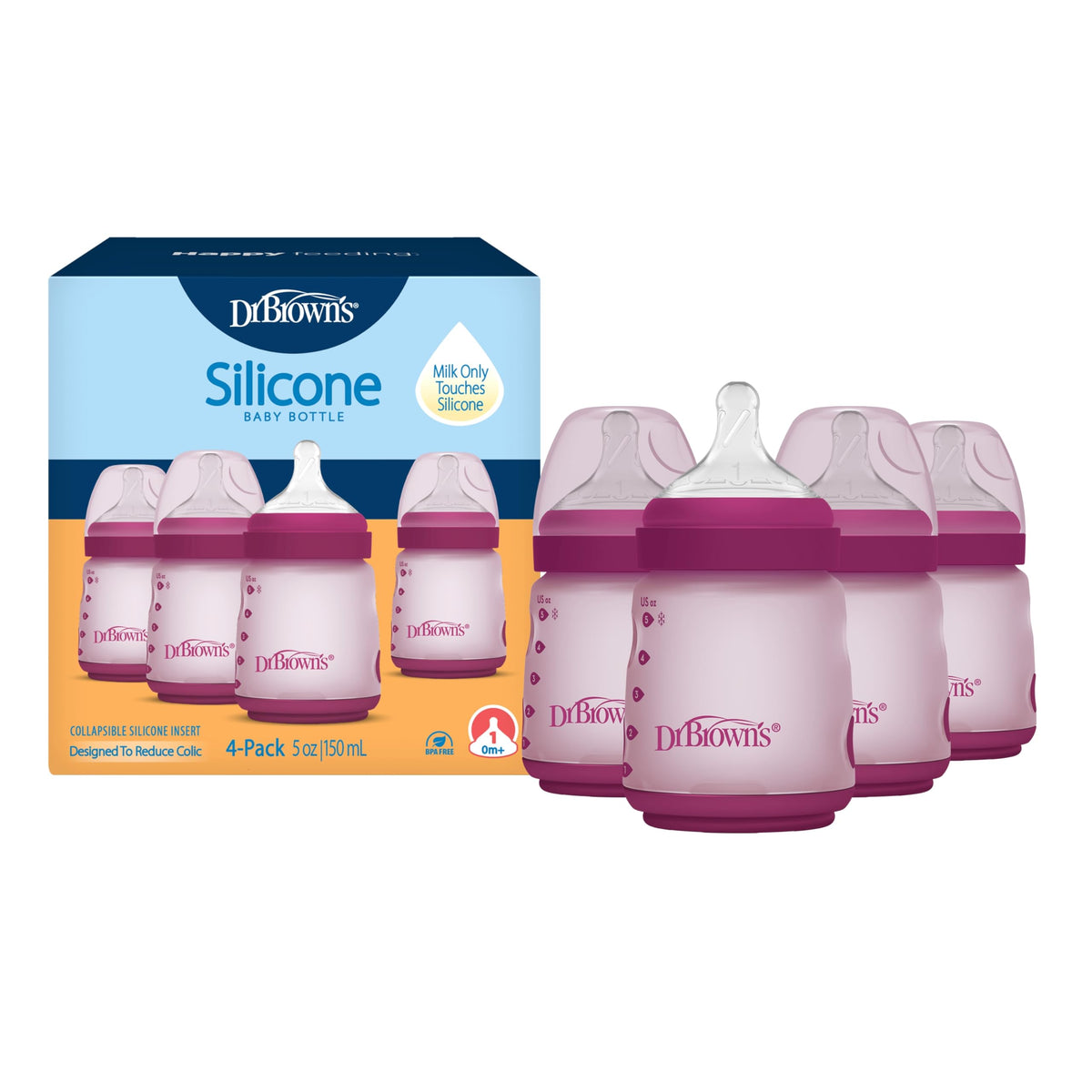 Dr. Brown's Silicone Baby Bottle, 5 oz, Level 1 Nipple, 0m+, Blue, 4-Pack