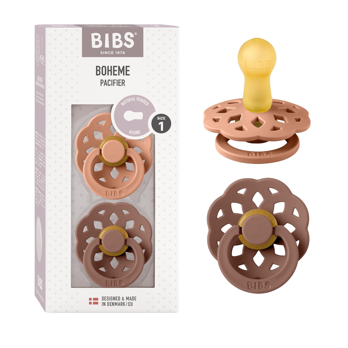 BIBS Pacifiers 6-18 Months | Boheme Collection 2-Pack | BPA-Free Round Nipple | Made in Denmark | Dusty Pink/Elderberry Color Pacifier