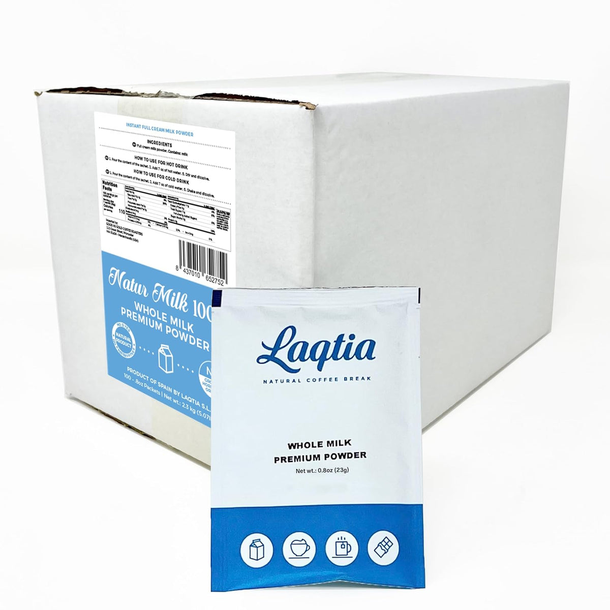 Instant Full Cream / Whole Milk Powder PACKETS by Laqtia, 18 Count Box, Makes an 8oz glass of Milk, Non GMO, Free of bST and rBGH, made using 100% European Dairy, product of Spain (Convenient On-The-Go) Instant Milk)