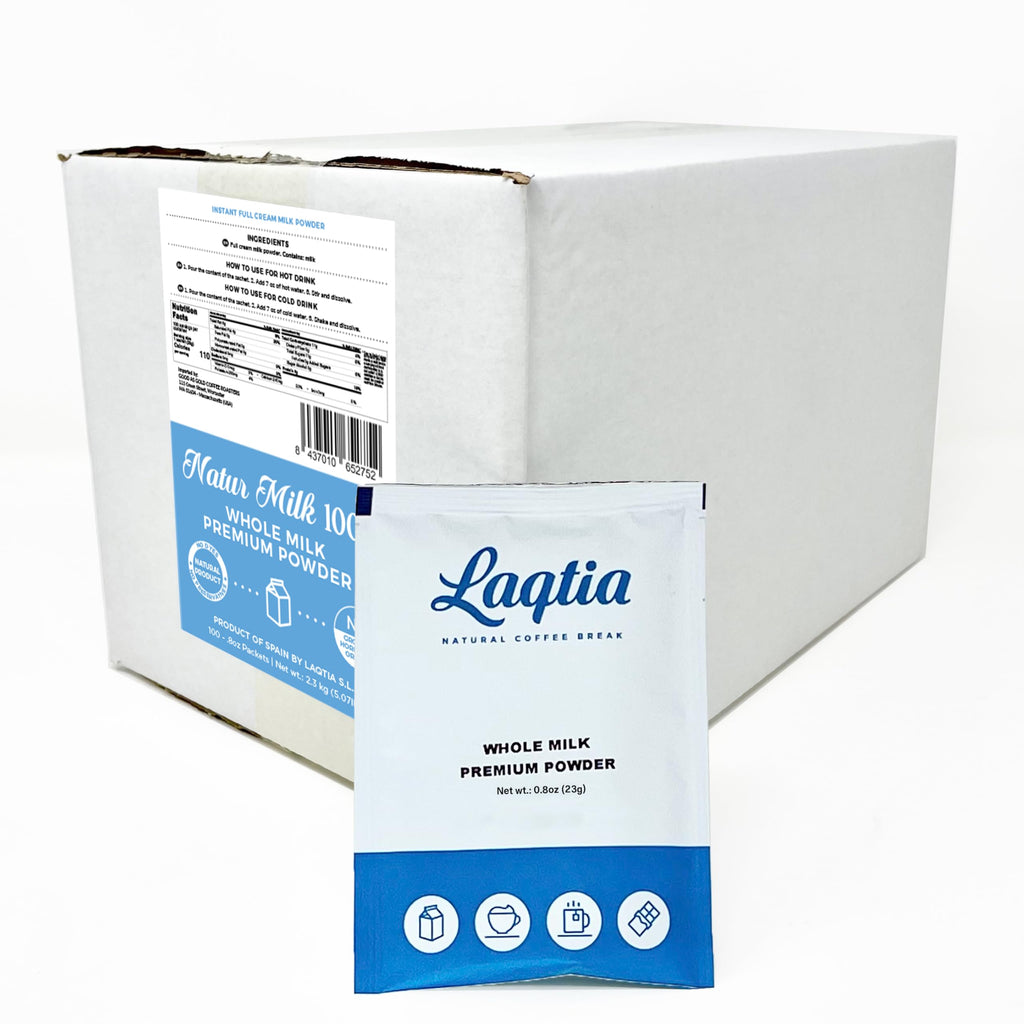 Instant Full Cream / Whole Milk Powder PACKETS by Laqtia, 18 Count Box, Makes an 8oz glass of Milk, Non GMO, Free of bST and rBGH, made using 100% European Dairy, product of Spain (Convenient On-The-Go) Instant Milk)