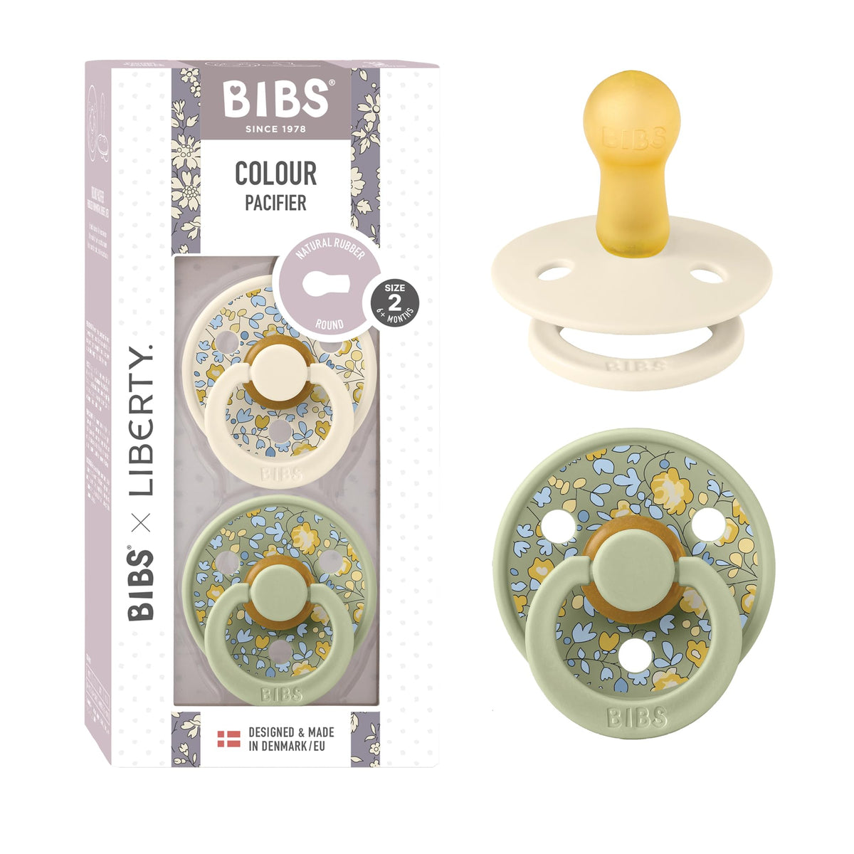 BIBS x Liberty Colour Pacifier, 0-6 Months, 2-Pack, Round, Capel Dusty Blue