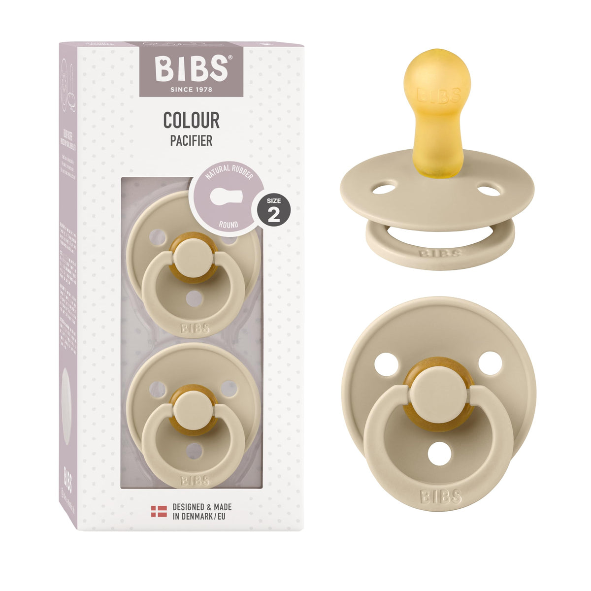 BIBS Pacifiers Colour Collection | Natural Rubber Baby Pacifier | Round Nipple | Set of 2 BPA-Free Soothers | Made in Denmark | 0+ Months (Pack of 2) | Sage/Ivory