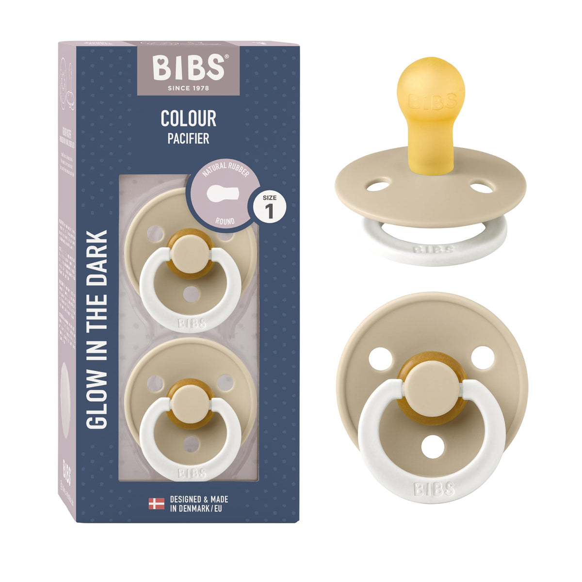 BIBS Pacifiers Colour Collection | Natural Rubber Baby Pacifier | Round Nipple | Set of 2 BPA-Free Soothers | Made in Denmark | 0+ Months (Pack of 2) | Sage/Ivory