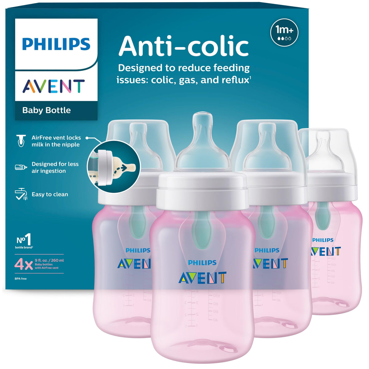 Philips Avent Anti-Colic Baby Bottle with AirFree Vent, Slow Flow, 4 oz