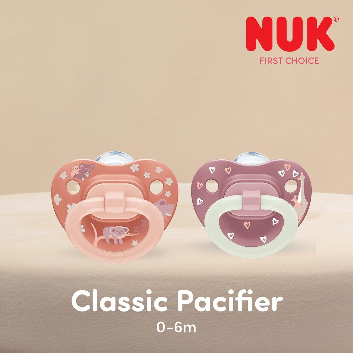 NUK First Choice Classic Orthodontic Baby Pacifier, 0-6 Months Newborn Pacifier, Orange & Pink, Newborn Essentials, 5-Pack